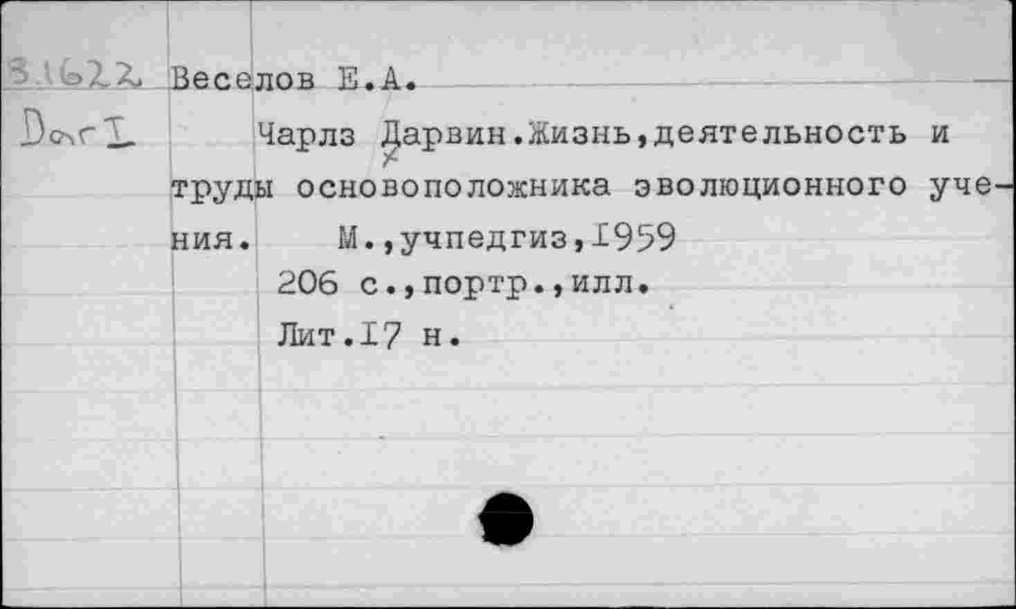 ﻿• - Веселов Е.А.
Чарлз Дарвин.Жизнь,деятельность и труды основоположника эволюционного уче ния. М.,учпедгиз,1959
206 с.,портр.,илл.
Лит.17 н.